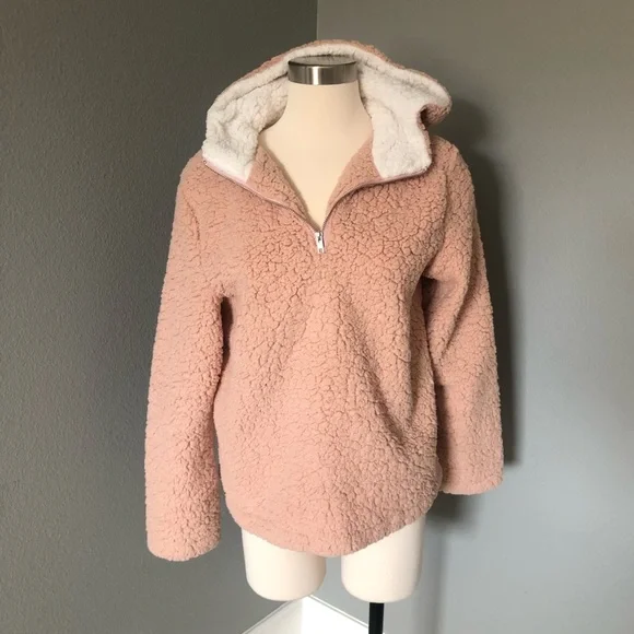 Coeur de Vague Blush Fluffy Quarter-Zip Plush Hoodie Fleece Sweatshirts - Picture 2 of 16